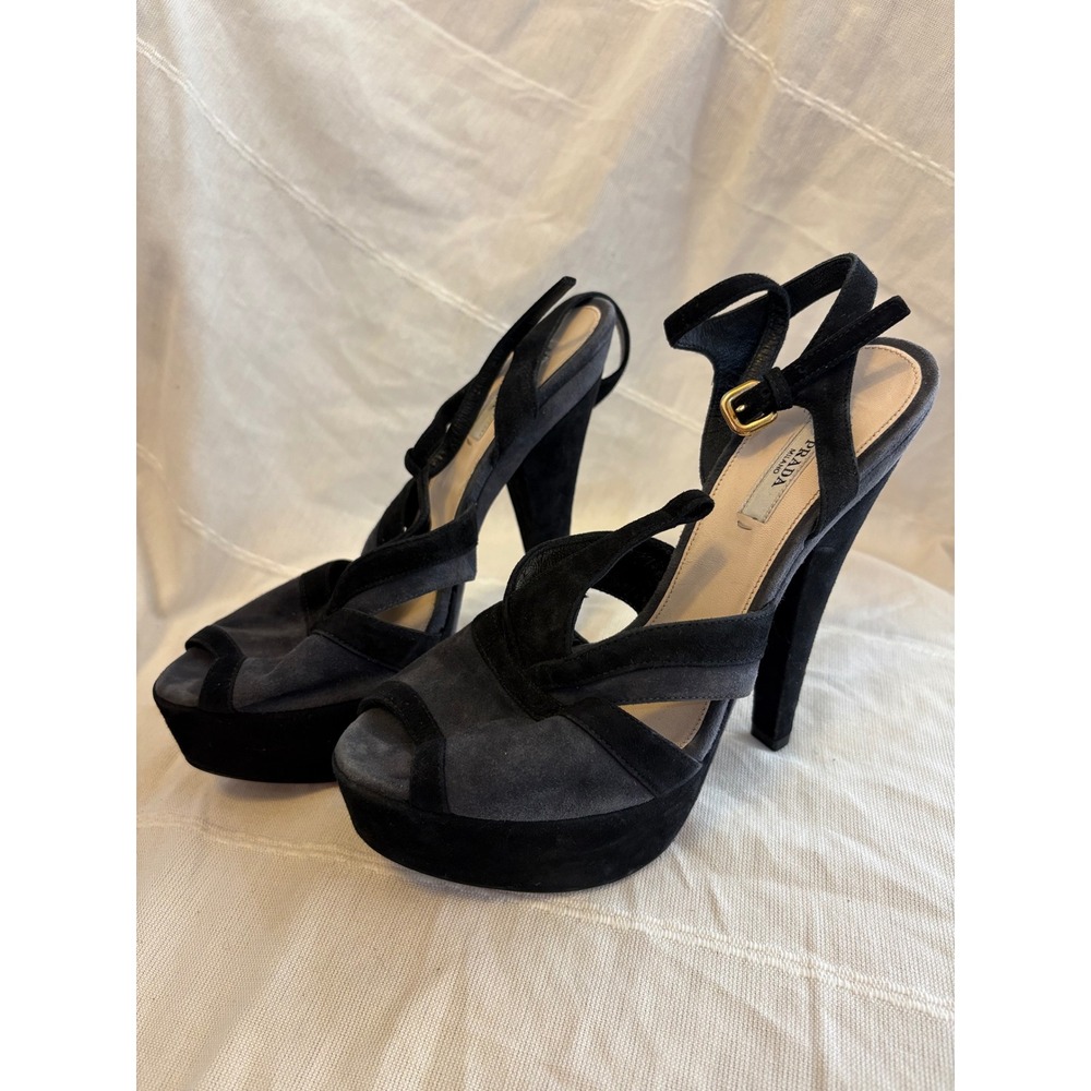 Prada Milano Two Tone Grey Black Suede Platform Strappy Sandals Heels Size 39.5